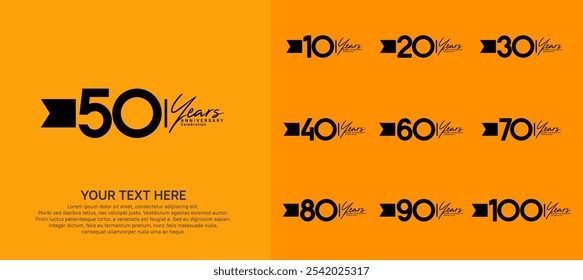 anniversary logotype set. black number and ribbon for celebration