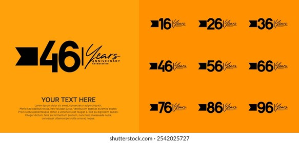 anniversary logotype set. black number and ribbon for celebration