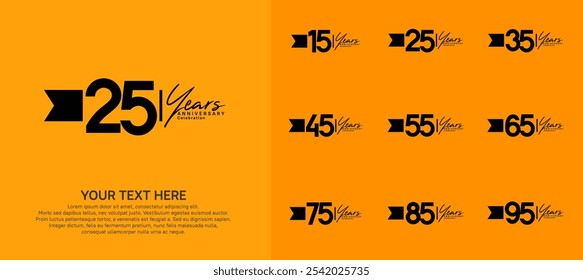 anniversary logotype set. black number and ribbon for celebration