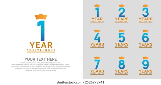 anniversary logotype set. blue color and orange crown can be use for celebration event