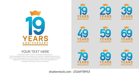 anniversary logotype set. blue color and orange crown can be use for celebration event