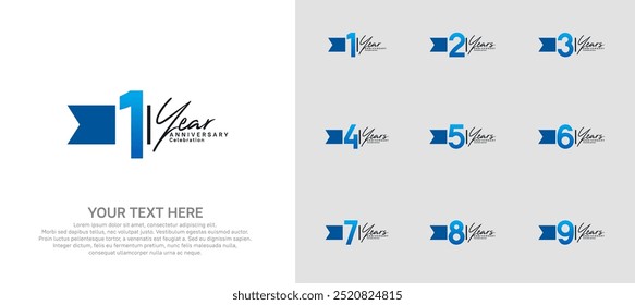 anniversary logotype set. blue number and ribbon for celebration