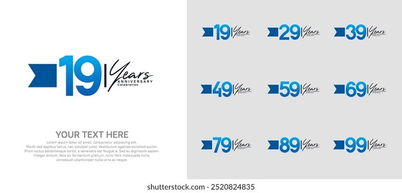 anniversary logotype set. blue number and ribbon for celebration