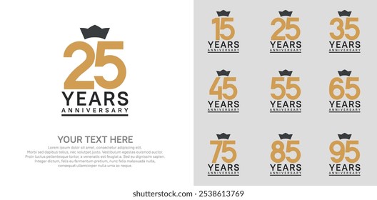 anniversary logotype set. brown color and black crown can be use for celebration event