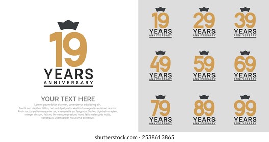 anniversary logotype set. brown color and black crown can be use for celebration event