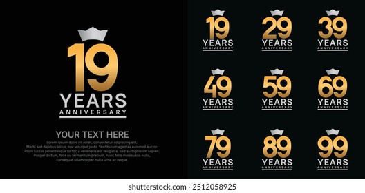 anniversary logotype set. gold color and silver crown can be use for celebration event