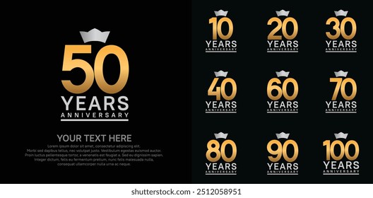 anniversary logotype set. gold color and silver crown can be use for celebration event