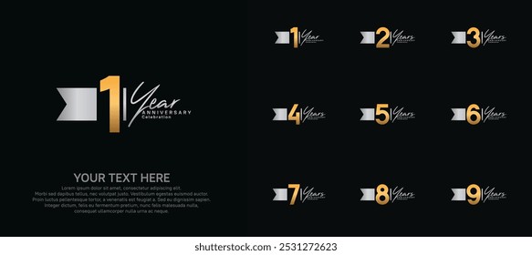 anniversary logotype set. gold number and silver ribbon for celebration