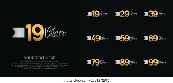 anniversary logotype set. gold number and silver ribbon for celebration