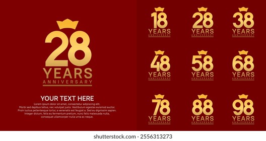 anniversary logotype set. golden color and crown can be use for celebration event