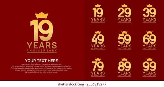 anniversary logotype set. golden color and crown can be use for celebration event