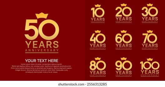 anniversary logotype set. golden color and crown can be use for celebration event