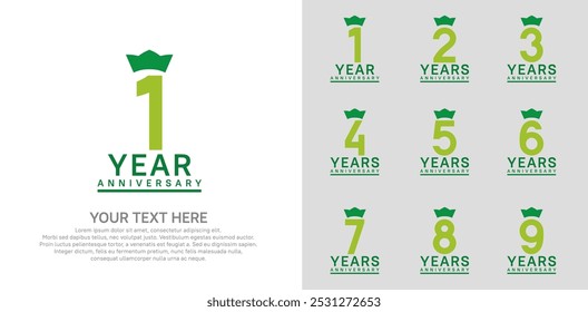 anniversary logotype set. green color and crown can be use for celebration event