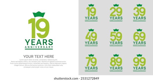 anniversary logotype set. green color and crown can be use for celebration event