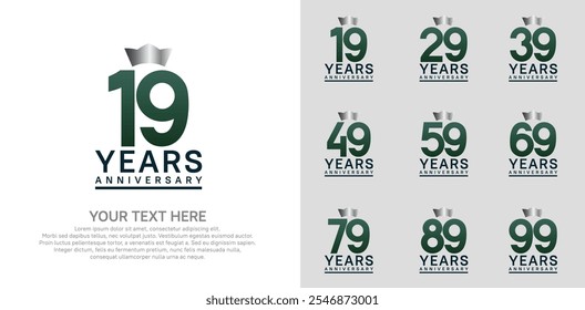 anniversary logotype set. green color and silver crown can be use for celebration event