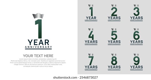 anniversary logotype set. green color and silver crown can be use for celebration event