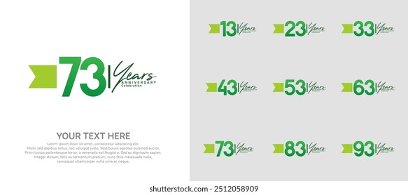 anniversary logotype set. green number and ribbon for celebration