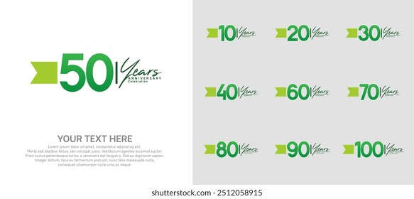 anniversary logotype set. green number and ribbon for celebration