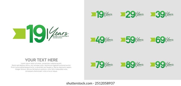 anniversary logotype set. green number and ribbon for celebration