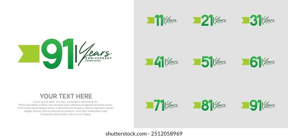 anniversary logotype set. green number and ribbon for celebration