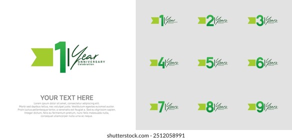 logotipo de aniversário definido. número verde e fita para comemoração