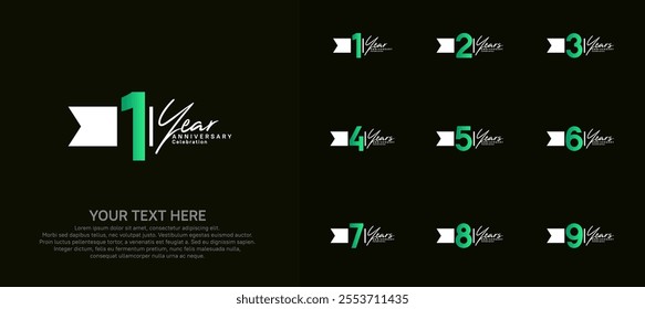 anniversary logotype set. green number and white ribbon for celebration