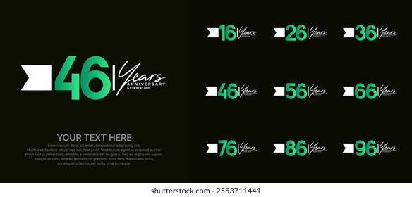 anniversary logotype set. green number and white ribbon for celebration