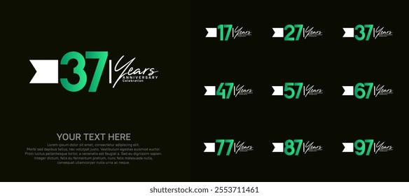 anniversary logotype set. green number and white ribbon for celebration