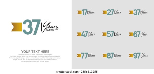 anniversary logotype set. green number and brown ribbon for celebration