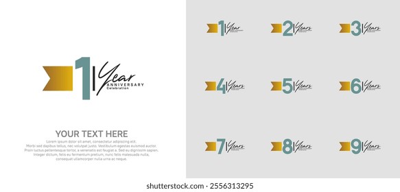 anniversary logotype set. green number and brown ribbon for celebration