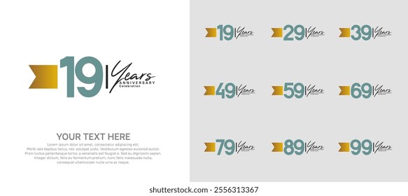 anniversary logotype set. green number and brown ribbon for celebration