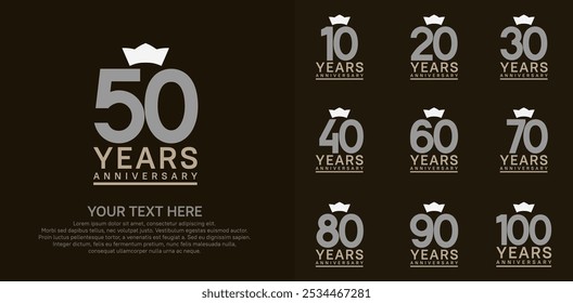 anniversary logotype set. grey color and white crown can be use for celebration event
