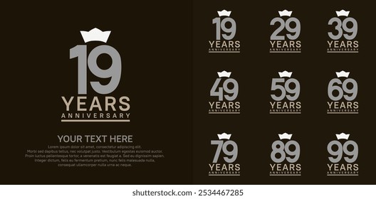 anniversary logotype set. grey color and white crown can be use for celebration event