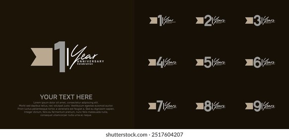 anniversary logotype set. grey number and brown ribbon for celebration