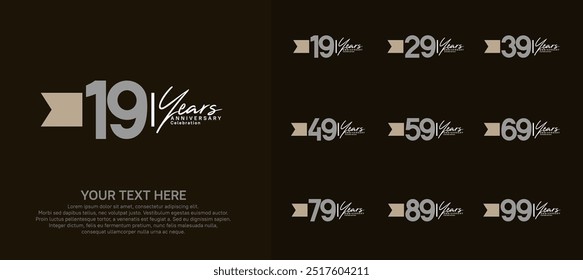 anniversary logotype set. grey number and brown ribbon for celebration