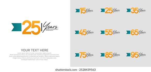 anniversary logotype set. orange number and blue ribbon for celebration