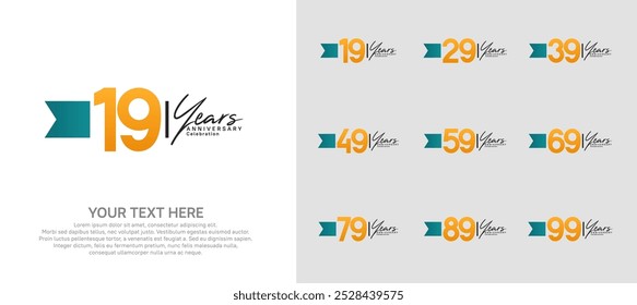 anniversary logotype set. orange number and blue ribbon for celebration