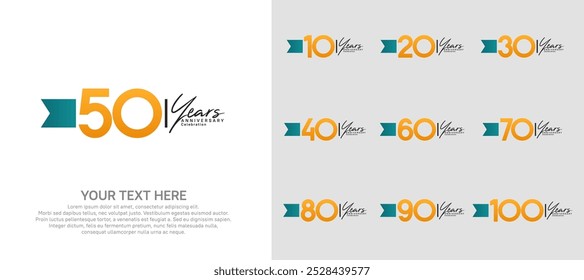 Conjunto de logotipo de aniversario. número naranja y cinta azul para la celebración