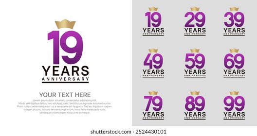 anniversary logotype set. purple color and golden crown can be use for celebration event