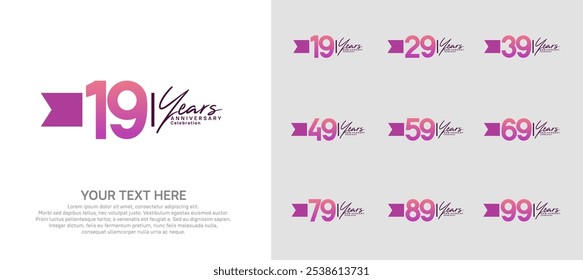 anniversary logotype set. purple number and ribbon for celebration