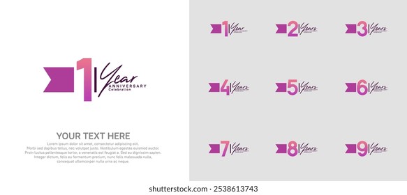 anniversary logotype set. purple number and ribbon for celebration