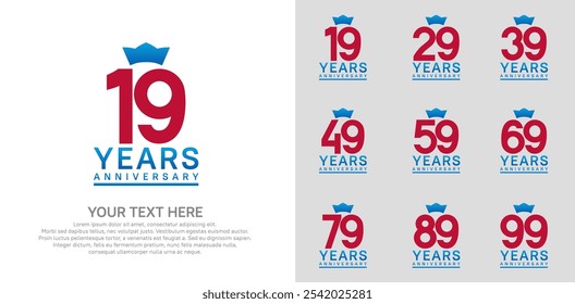 anniversary logotype set. red color and blue crown can be use for celebration event