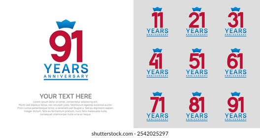 anniversary logotype set. red color and blue crown can be use for celebration event