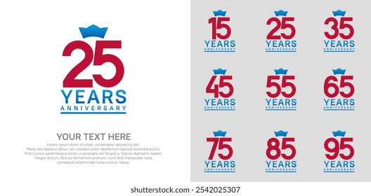 anniversary logotype set. red color and blue crown can be use for celebration event