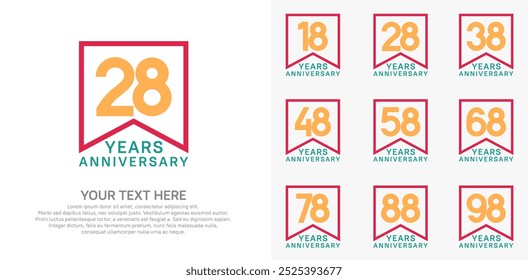 anniversary logotype set. red, orange and blue color can be use for celebration