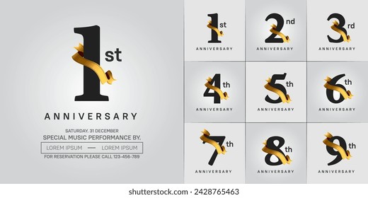 anniversary logotype set vector, black color and gold ribbon for special day celebration