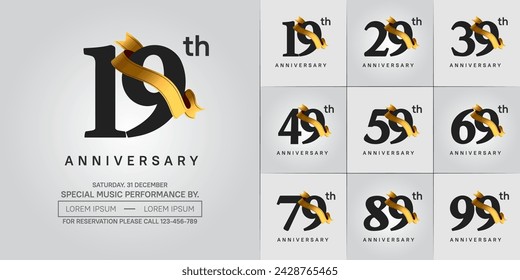 vector del conjunto del logotipo del aniversario, color negro y cinta de oro para la celebración especial del día