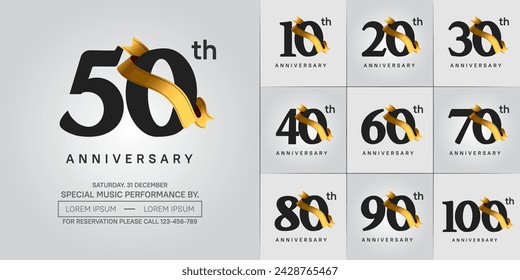 vector del conjunto del logotipo del aniversario, color negro y cinta de oro para la celebración especial del día