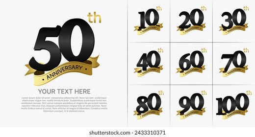 anniversary logotype set vector, black color and gold ribbon for special day celebration