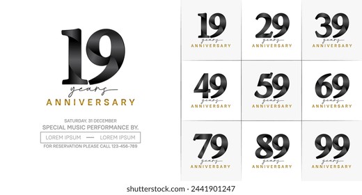 vector del conjunto del logotipo del aniversario, color negro y dorado para la celebración especial del día